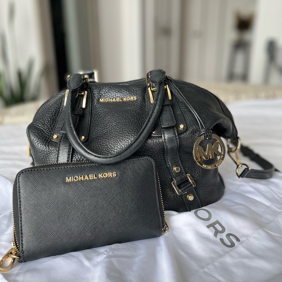 Michael Kors handbag & continental wristlet wallet. Black leather, gold hardware - Picture 1 of 9